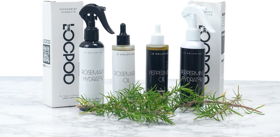 The LP Collection: Rosemary Hydrator, Rosemary Oil, Peppermint Oil and Peppermint Hydrator with fresh rosemary